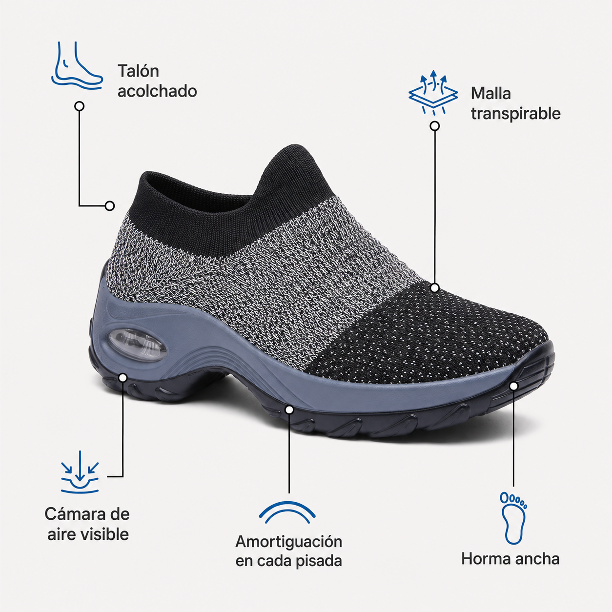 Bulevar Negro — Zapatilla sin Cordones con Cámara de Aire