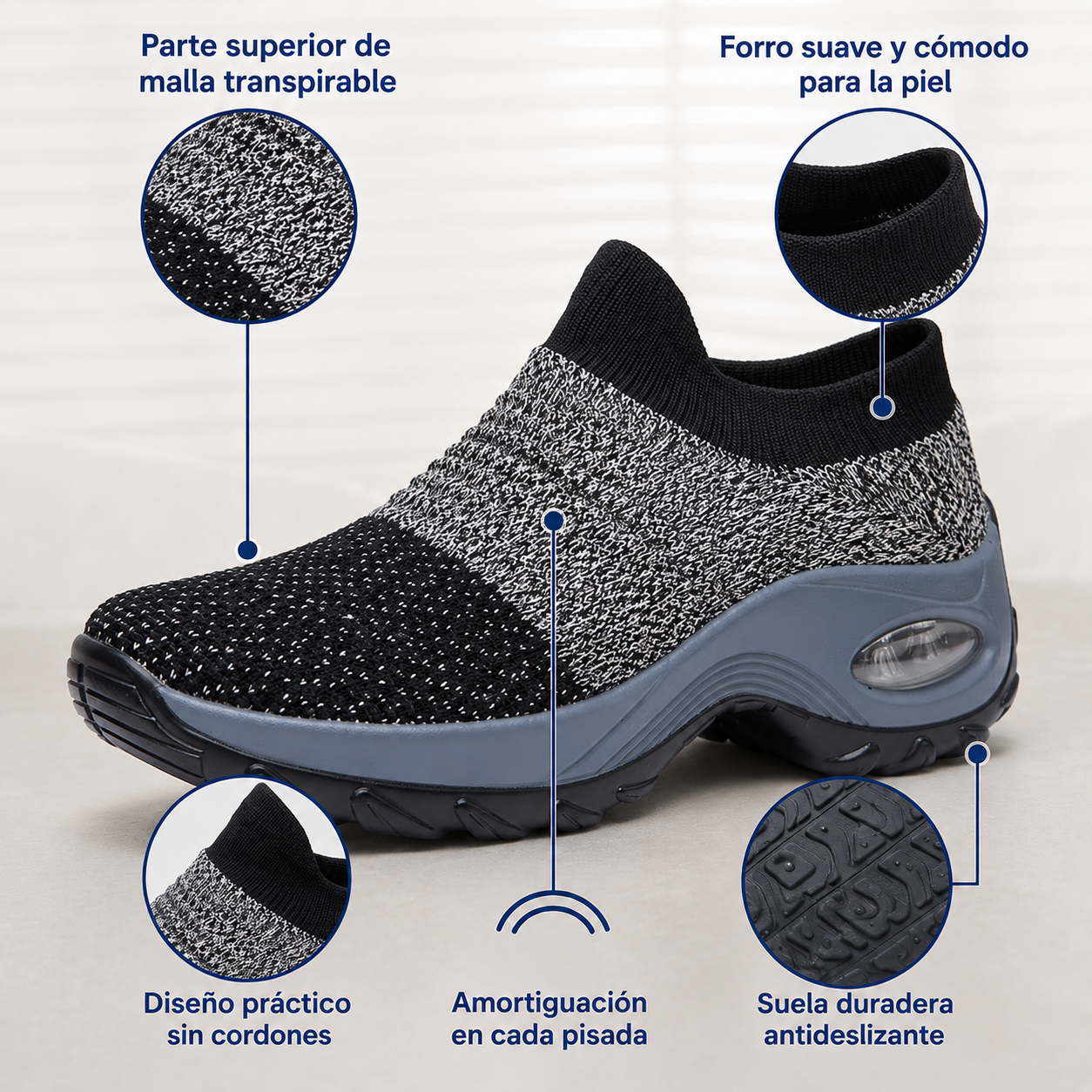 Bulevar Negro — Zapatilla sin Cordones con Cámara de Aire